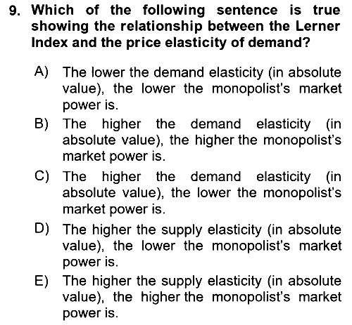 Industrial Economics 2023-2024 Dönem Sonu Sınavı - 9. soru