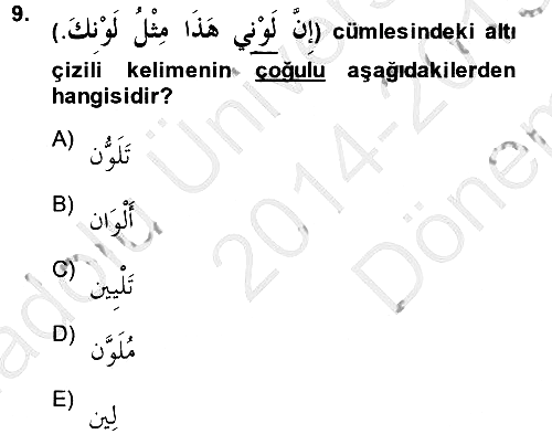 Arapça 2 2014-2015 Dönem Sonu Sınavı - 9. soru