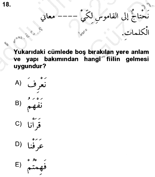 Arapça 3 2025-2026 Ara Sınav - 18. soru