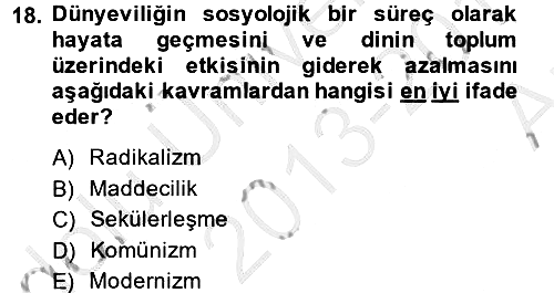 Din Sosyolojisi 2013-2014 Ara Sınav - 18. soru