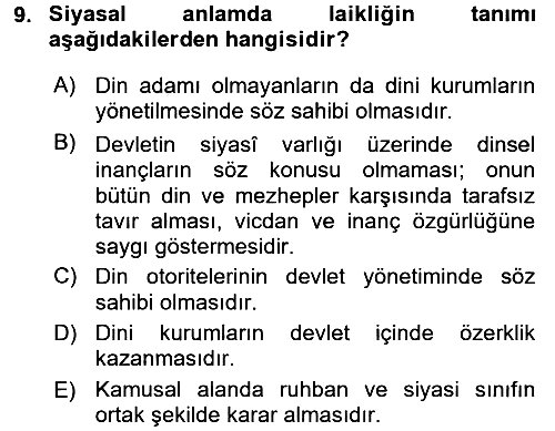 Din Sosyolojisi 2016-2017 Dönem Sonu Sınavı - 9. soru