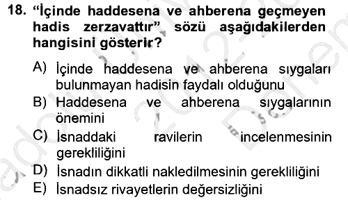 Hadis 2012-2013 Dönem Sonu Sınavı - 18. soru