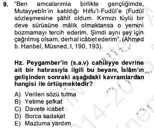 Hadis 2014-2015 Dönem Sonu Sınavı - 9. soru