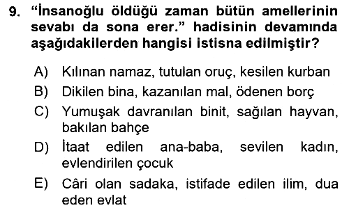 Hadis 2016-2017 Dönem Sonu Sınavı - 9. soru
