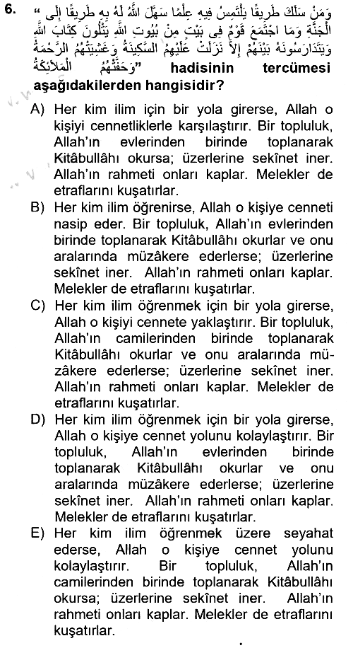 Hadis 2013-2014 Tek Ders Sınavı - 6. soru