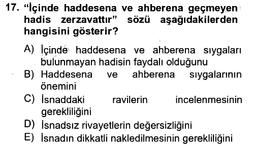 Hadis 2014-2015 Tek Ders Sınavı - 17. soru