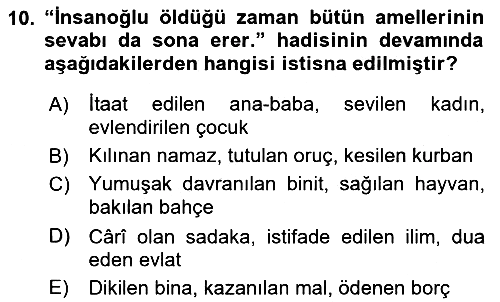 Hadis 2021-2022 Yaz Okulu Sınavı - 10. soru