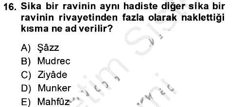 Hadis Tarihi ve Usulü 2013-2014 Dönem Sonu Sınavı - 16. soru