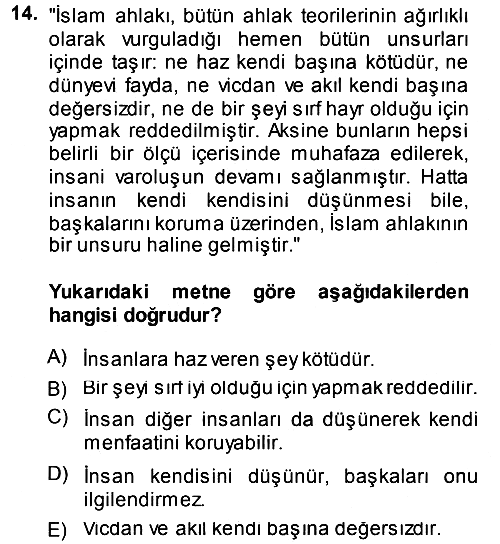 İslam Ahlak Esasları 2013-2014 Ara Sınav - 14. soru