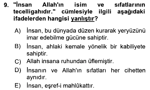 İslam Ahlak Esasları 2016-2017 Ara Sınav - 9. soru