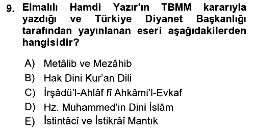 İslam Düşünce Tarihi 2022-2023 Yaz Okulu Sınavı - 9. soru