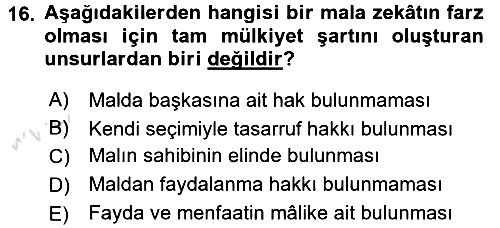 İslam İbadet Esasları 2016-2017 Ara Sınav - 16. soru