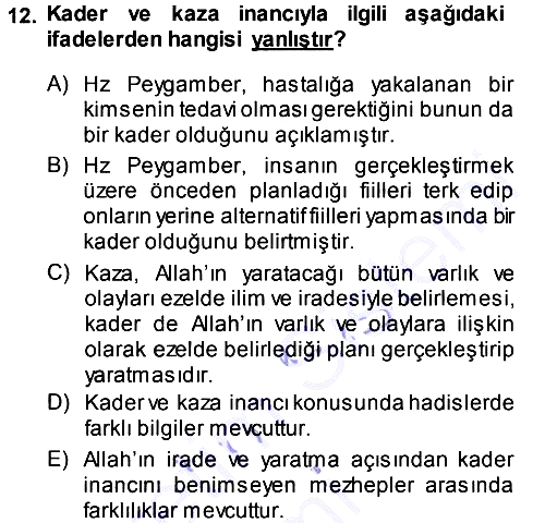 İslam İnanç Esasları 2013-2014 Dönem Sonu Sınavı - 12. soru