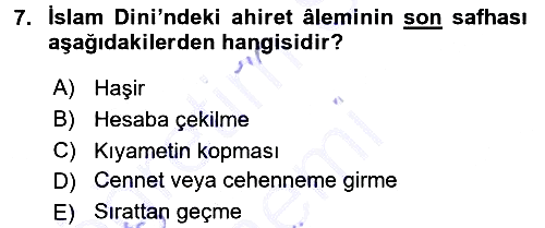 İslam İnanç Esasları 2015-2016 Dönem Sonu Sınavı - 7. soru