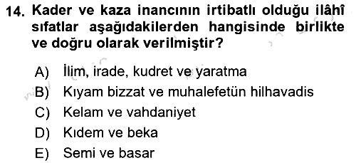 İslam İnanç Esasları 2019-2020 Dönem Sonu Sınavı - 14. soru