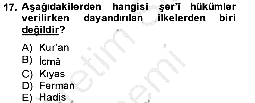 İslam Kurumları ve Medeniyeti 2012-2013 Dönem Sonu Sınavı - 17. soru