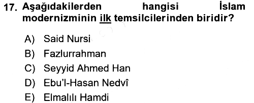 İslam Mezhepleri Tarihi 2017-2018 3 Ders Sınavı - 17. soru
