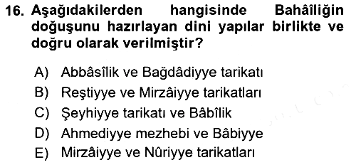 İslam Mezhepleri Tarihi 2018-2019 Dönem Sonu Sınavı - 16. soru