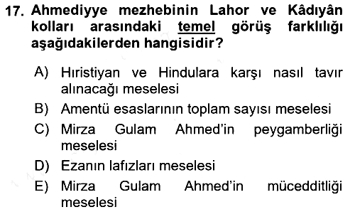 İslam Mezhepleri Tarihi 2018-2019 Dönem Sonu Sınavı - 17. soru