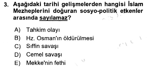 İslam Mezhepleri Tarihi 2021-2022 Yaz Okulu Sınavı - 3. soru