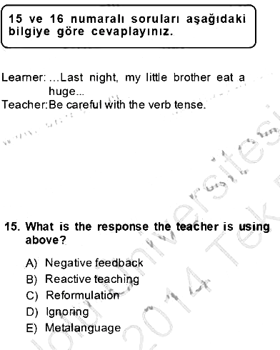 Dilbilgisi Öğretimi 2013-2014 Tek Ders Sınavı - 15. soru