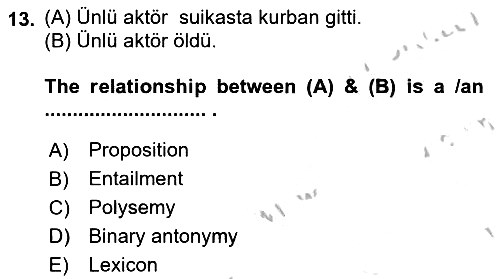 Türkçe Tümce Bilgisi Ve Anlambilim 2016-2017 3 Ders Sınavı - 13. soru