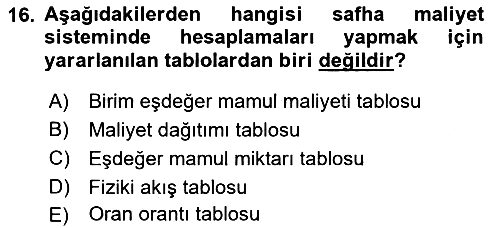 Maliyet Ve Yönetim Muhasebesi 2021-2022 Ara Sınav - 16. soru