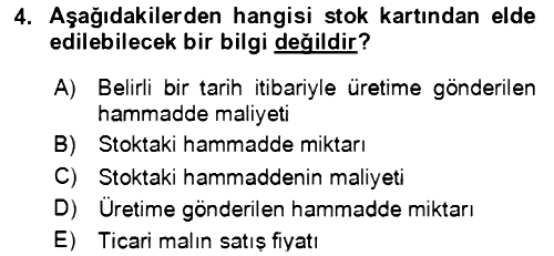 Maliyet Ve Yönetim Muhasebesi 2023-2024 Yaz Okulu Sınavı - 4. soru