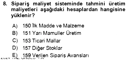 Maliyet Ve Yönetim Muhasebesi 2023-2024 Yaz Okulu Sınavı - 8. soru