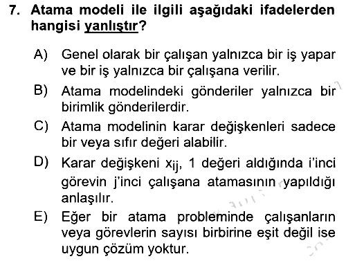 Sayısal Karar Verme Teknikleri 2023-2024 Yaz Okulu Sınavı - 7. soru