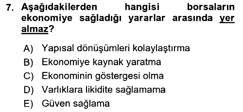 Sermaye Piyasaları ve Finansal Kurumlar 2022-2023 Yaz Okulu Sınavı - 7. soru