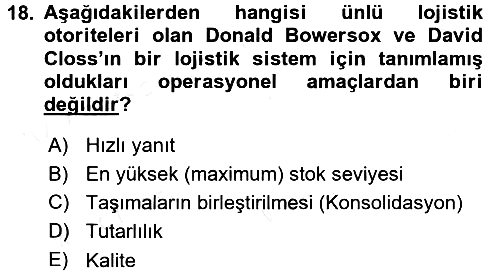 Tedarik Zinciri Yönetimi 2015-2016 Tek Ders Sınavı - 18. soru