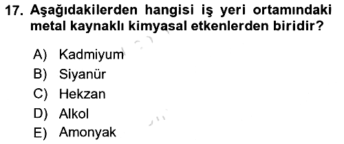 Hijyen ve Sanitasyon 2018-2019 3 Ders Sınavı - 17. soru