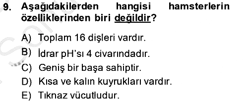 Laboratuvar Hayvanlarını Yetiştirme ve Sağlığı 2014-2015 Dönem Sonu Sınavı - 9. soru