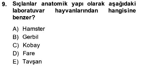 Laboratuvar Hayvanlarını Yetiştirme ve Sağlığı 2013-2014 Tek Ders Sınavı - 9. soru