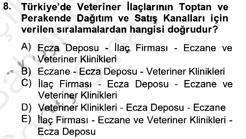 Temel Veteriner Farmakoloji ve Toksikoloji 2012-2013 Dönem Sonu Sınavı - 8. soru