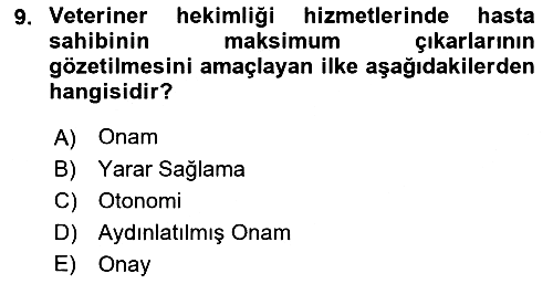 Veteriner Hizmetleri Mevzuatı ve Etik 2023-2024 Ara Sınav - 9. soru