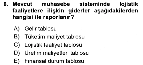 Lojistik İlkeleri 2018-2019 3 Ders Sınavı - 8. soru