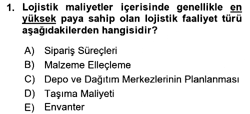 Lojistik Maliyetleri ve Raporlama 1 2022-2023 Yaz Okulu Sınavı - 1. soru