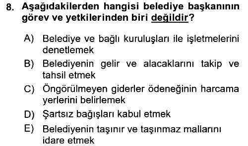 Mahalli İdareler Maliyesi 2016-2017 3 Ders Sınavı - 8. soru