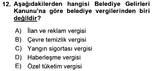 Mahalli İdareler Maliyesi 2016-2017 3 Ders Sınavı - 12. soru