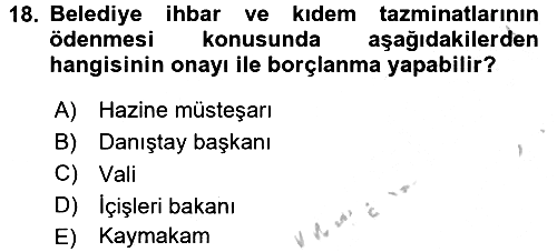 Mahalli İdareler Maliyesi 2016-2017 3 Ders Sınavı - 18. soru