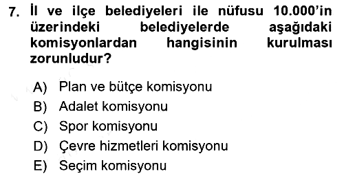 Mahalli İdareler Maliyesi 2017-2018 3 Ders Sınavı - 7. soru