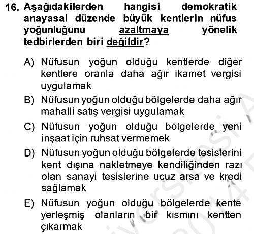 Mahalli İdareler Maliyesi 2013-2014 Ara Sınav - 16. soru