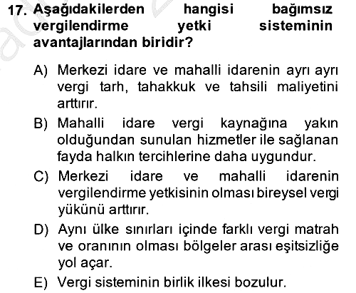 Mahalli İdareler Maliyesi 2013-2014 Ara Sınav - 17. soru