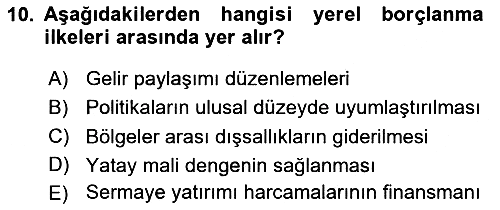 Mahalli İdareler Maliyesi 2024-2025 Ara Sınav - 10. soru