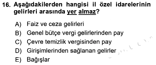 Mahalli İdareler Maliyesi 2021-2022 Dönem Sonu Sınavı - 16. soru