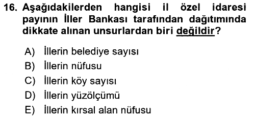 Mahalli İdareler Maliyesi 2023-2024 Dönem Sonu Sınavı - 16. soru