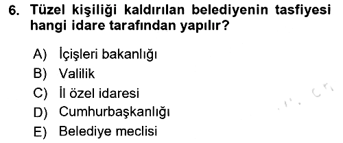 Mahalli İdareler Maliyesi 2024-2025 Dönem Sonu Sınavı - 6. soru