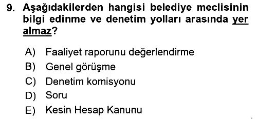 Mahalli İdareler Maliyesi 2018-2019 Yaz Okulu Sınavı - 9. soru
